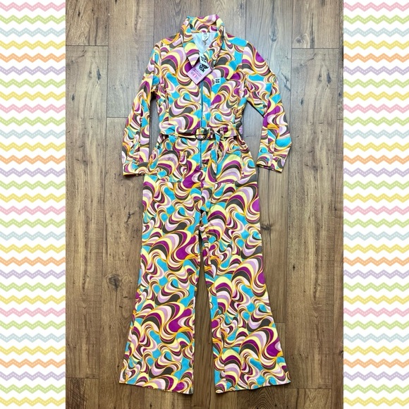 NWT Lucy & Yak Maggie Pastel Wide Leg Jumpsuit 1970s Style Sz 6 S/M - Picture 3 of 8